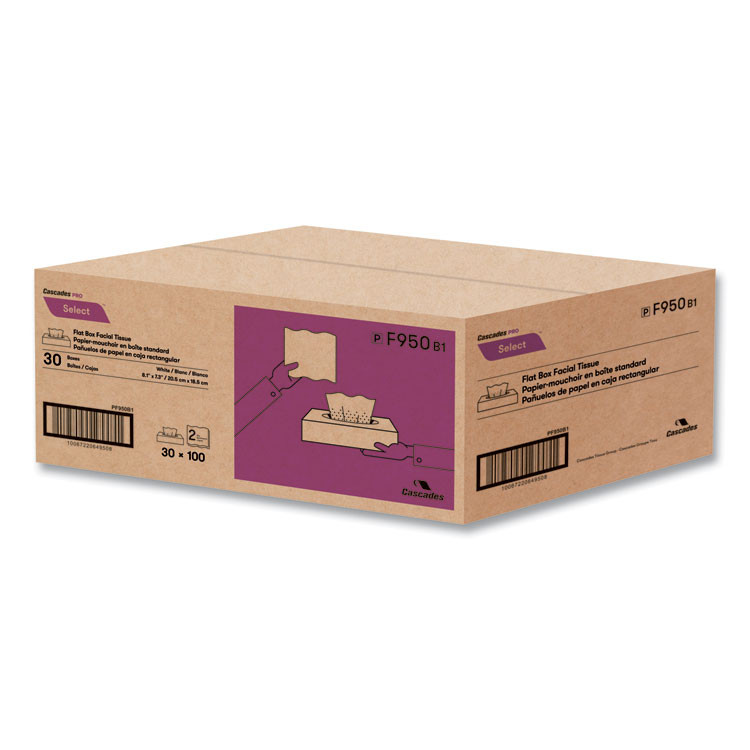 CASCADES TISSUE GROUP PRO F950 Select Flat Box Facial Tissue, 2-Ply, White, 100 Sheets/Box, 30 Boxes/Carton