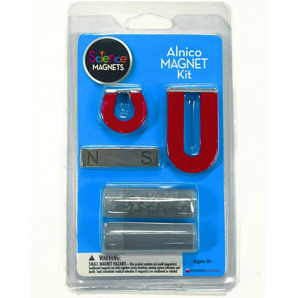 Our most popular magnets come together in a single set that's perfect for STEM learning, magnetic exploration and discovery, science fair projects, classroom demonstrations, at-home learning, and more.  Kit includes one each of 1in horseshoe, 2in horseshoe, and 2in bar magnet with pole markings, plus a tube of iron filings and steel shapes.  Includes magnets made of ALuminum, NIckel, and CObalt (ALNICO).  Compare and contrast the magnetic strength of horseshoe and bar-shaped magnets!  Use the iron filings to view a magnet's invisible lines of force!  See how many steel shapes each magnet can lift and hold!  Common-sense caution: do not inhale, ingest, or get iron filings in eyes.  Ages 8+ / Grades 3+.