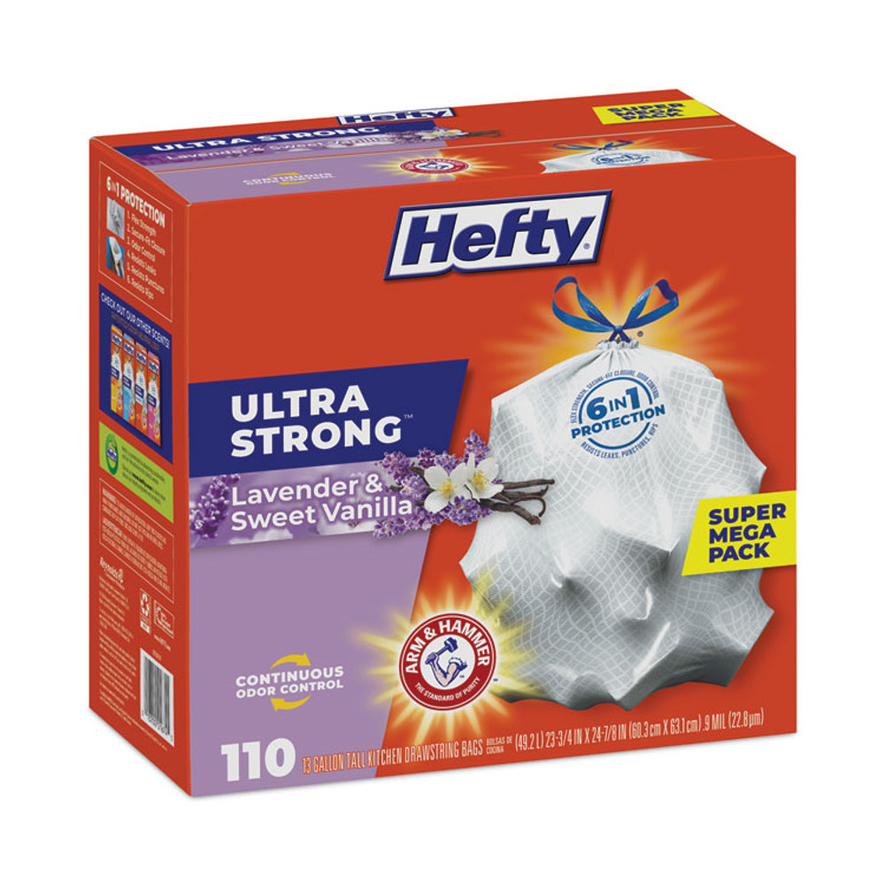 REYNOLDS FOOD PACKAGING Hefty® E88366CT Ultra Strong Scented Tall Kitchen Bags, Drawstring, 13 gal, Lavender/Vanilla, 23.75" x 24.88", White, 110/Box, 3 Boxes/Carton