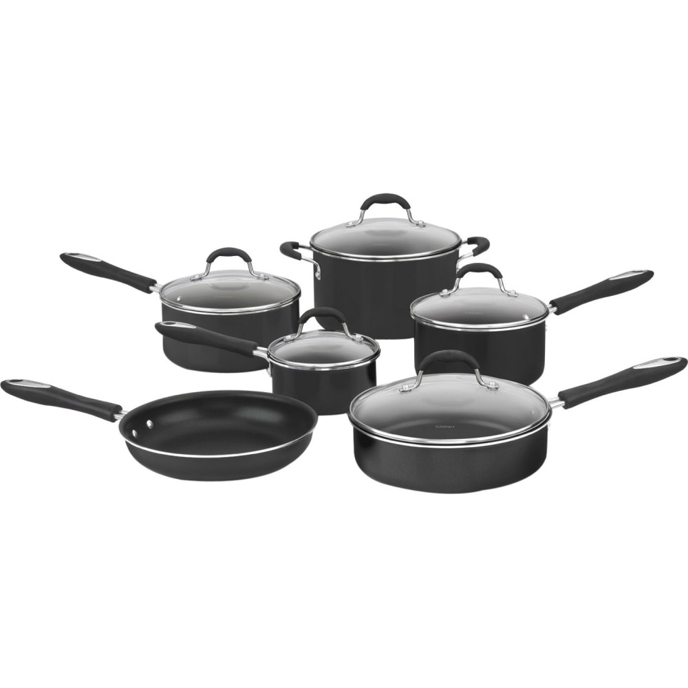 Fill in your missing cookware pieces with the Cuisinart Advantage 11-piece cookware set. Each piece boasts cool grip handles for easy lifting and carrying.  Set includes two 3-quart saucepans with lids, a 2-quart saucepan with lid, 1-quart saucepan with lid and a skillet.  Constructed using a durable aluminum for high strength and fast heating.  Premium non-stick interiors for easy cleanup.  Cool grip handles for simple transportation and burn-free touch.  Flavor locking lids.  Sleek black color.
