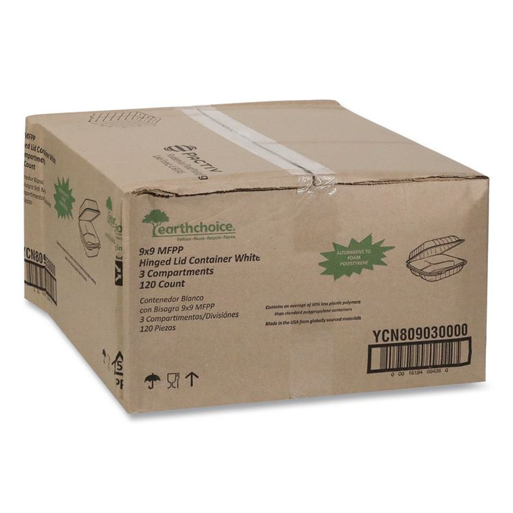 PACTIV EVERGREEN CORPORATION YCN80903 EarthChoice SmartLock Microwavable MFPP Hinged Lid Container, 3 Compartments, 9 x 9 x 3.1, White, Plastic, 120/Carton
