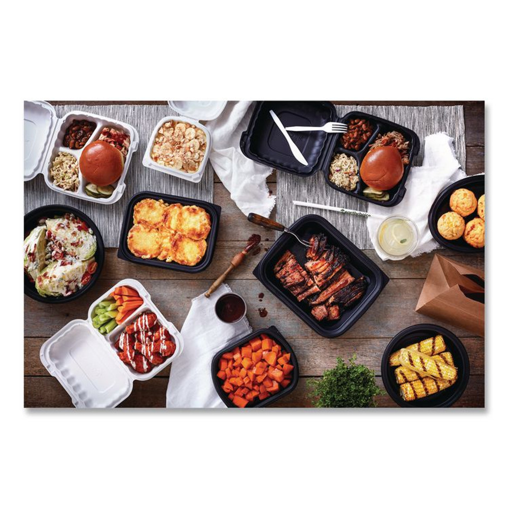 PACTIV EVERGREEN CORPORATION YCN80903 EarthChoice SmartLock Microwavable MFPP Hinged Lid Container, 3 Compartments, 9 x 9 x 3.1, White, Plastic, 120/Carton