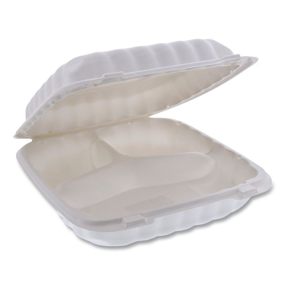 PACTIV EVERGREEN CORPORATION YCN80903 EarthChoice SmartLock Microwavable MFPP Hinged Lid Container, 3 Compartments, 9 x 9 x 3.1, White, Plastic, 120/Carton
