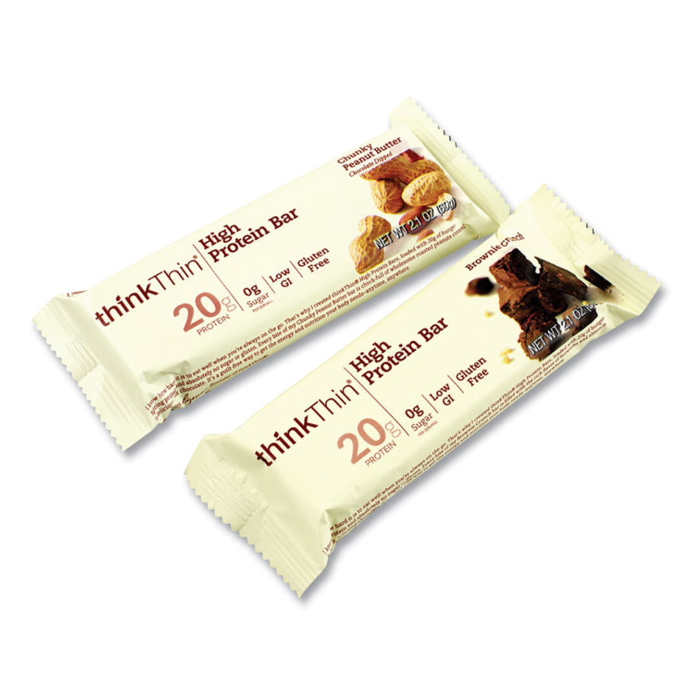 THINK! thinkThin® 22000555 High Protein Bars, Brownie Crunch/Chunky Peanut Butter, 2.1 oz Bar, 15 Bars/Carton