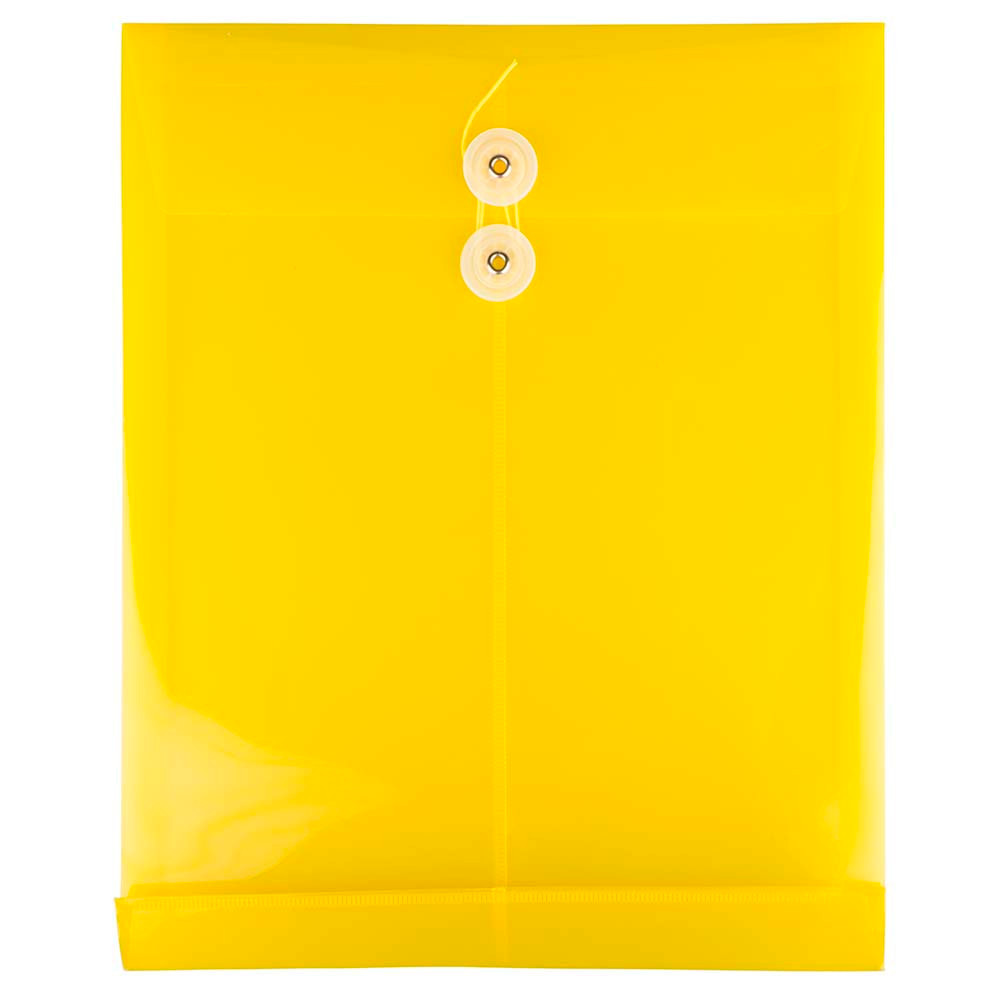 JAM PAPER AND ENVELOPE JAM Paper 118B1YE  Open-End Plastic Envelopes, Letter-Size, 9 3/4in x 11 3/4in, Button & String Closure, Yellow, Pack Of 12