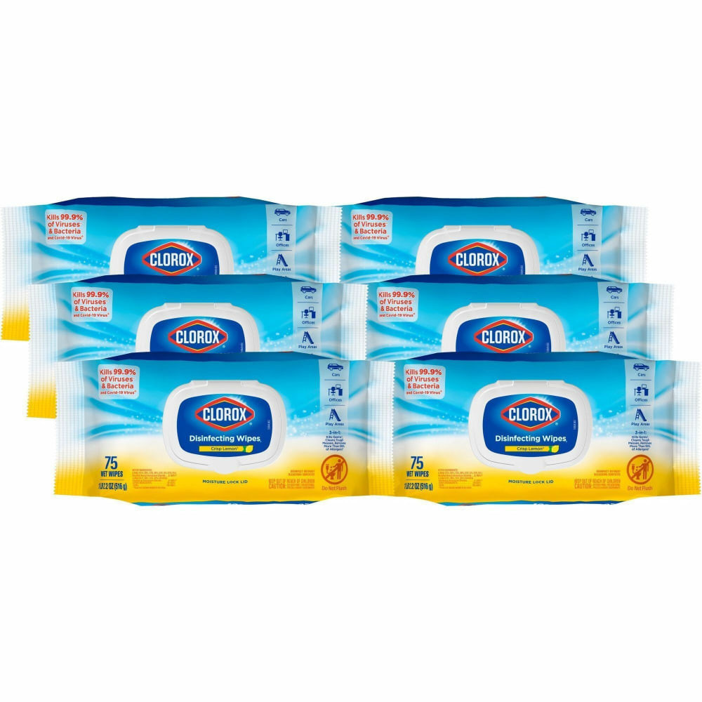 THE CLOROX COMPANY 31404CT Clorox Disinfecting Cleaning Wipes - Crisp Lemon Scent - Bleach-free, Antibacterial - White - 75 Pack - 6 / Carton