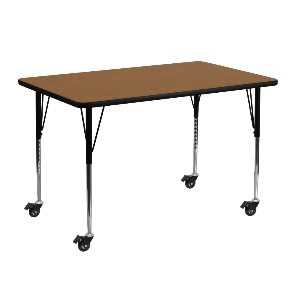 Furnish your learning center with the Flash Furniture Mobile 48inW Rectangular Thermal Laminate Activity Table. From reading groups to hands-on projects, this activity table is built to last with a stain- and scratch-resistant worksurface and steel legs. Thanks to the locking casters, its easy to roll this table to an ideal location of your daycare, classroom or community room.  Popular Rectangular Activity Table  Scratch and Stain Resistant Surface  1.125in Thick Thermal Fused Laminate Top  Protective Edge Band  16 Gauge Tubular Steel Legs  Powder Coated Upper Legs and Chrome Lower Legs  Legs Adjust in 1in Increments  Locking Casters  Recommended Grade Level: 1st Grade - Adult  Recommended Seating Capacity: 2 Adults  4 Children  Table measures 48in x 24in.