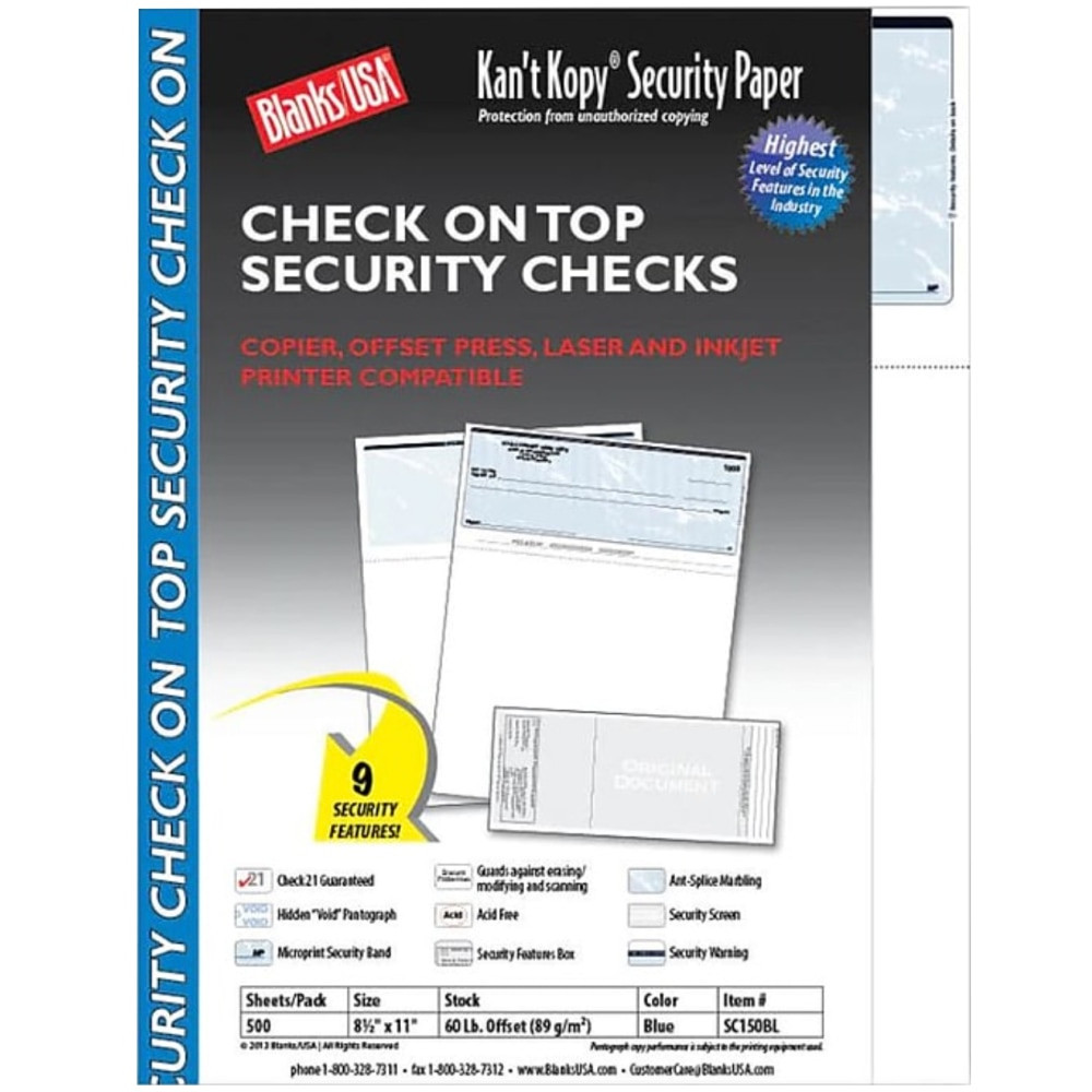 BLANKS/USA SC150BL  KanT Kopy Security Check-On-Top Paper, Letter Size (8 1/2in x 11in), Pack Of 500 Checks, Void Blue