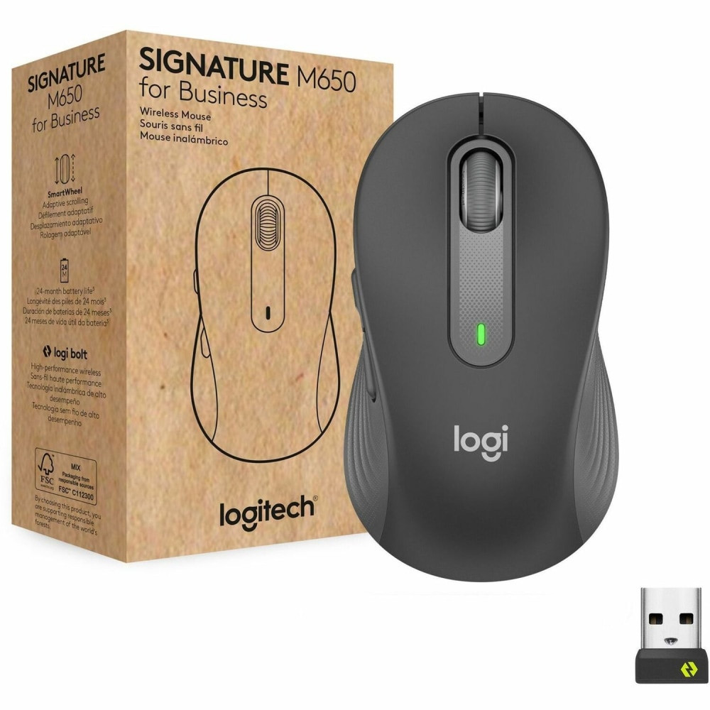LOGITECH 910-006272  Signature M650 for Business (Graphite) - Brown Box - Wireless - Bluetooth/Radio Frequency - Graphite - USB - 4000 dpi - Scroll Wheel - Medium Hand/Palm Size - Right-handed