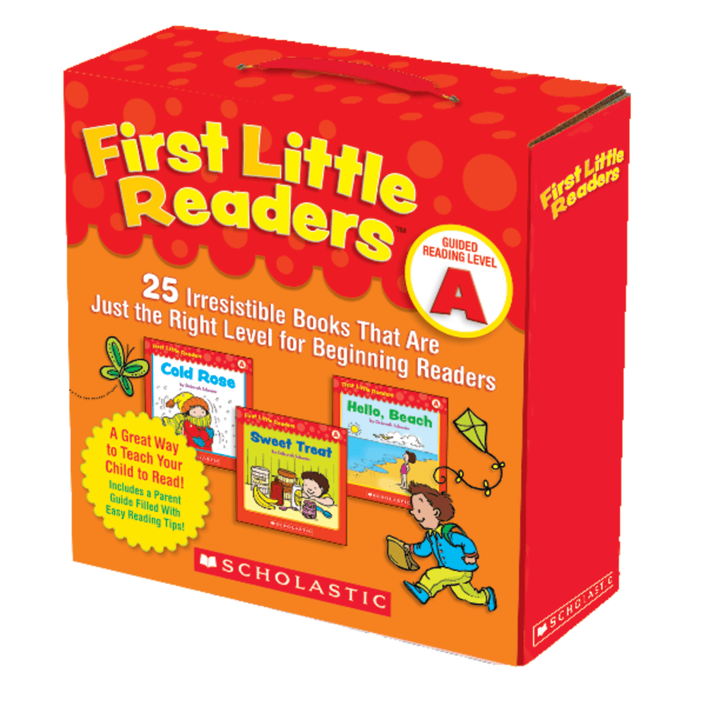 Jumpstart reading success with this big collection of motivating storybooks  Set correlates with Guided Reading Level A.  Most pages of these full-color storybooks feature just one line of simple, repetitive text to help children learn to read with ease and confidence.  Includes 25 titles and a tip-filled parent guide.