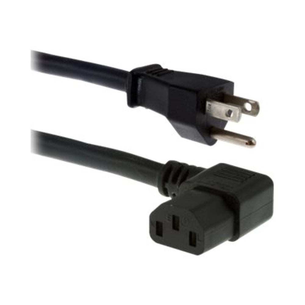 The most common household power cord is the NEMA 5-15P to C13 configuration. The three prong 5-15P end plugs into any standard wall AC outlet in the USA. The C13 receptacle can plug into standard computer equipment, printers, displays, TVs, or appliances that have a C14 inlet.