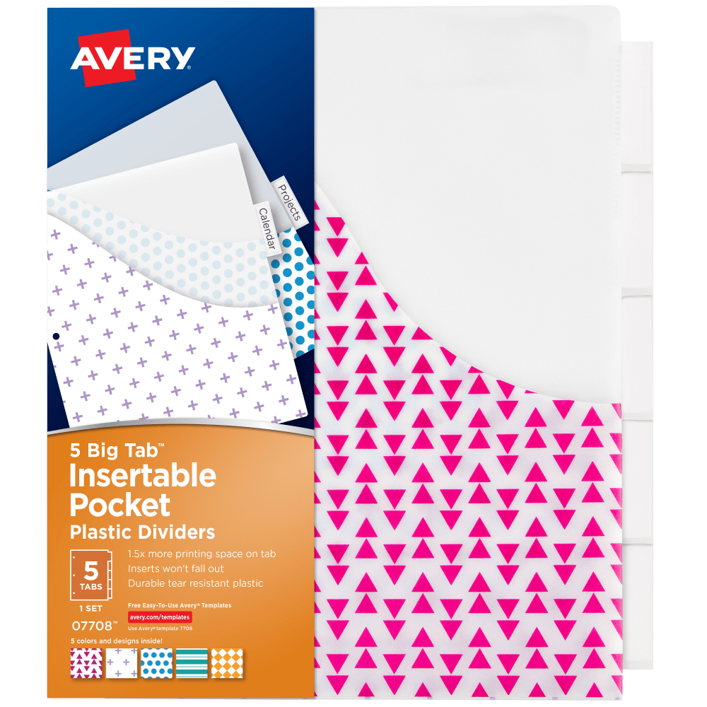 AVERY PRODUCTS CORPORATION 7708 Avery Big Tab Insertable Plastic Dividers With Pockets, 9 1/4in x 11 1/8in, 5-Tab, Multicolor, 1 Set