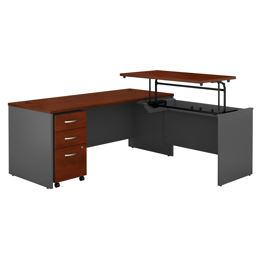 Enjoy the freedom to change positions throughout the workday with the commercial-grade Series C Elite Sit to Stand L Shaped Desk with file cabinet. The spacious height adjustable desk with storage creates a productive office for the health-conscious professional.  1in thick thermally fused laminate surface resists scratches and includes wire management grommets.  Lift-n-Lock Desktop can be set at 3 standing height positions: 36, 39 or 42 inches and easily returns to seated height.  File drawer opens on smooth full-extension ball bearing slides and holds legal, letter and A4 files.  Filing cabinet goes under the desk and has a built-in lock to keep your most sensitive documents secure.  L Shaped Desk design provides an expansive work surface and can be placed in a corner to save space.  Mechanical lift system has been rigorously tested to meet Bush Business Furnitures quality standards.  Backed by the Bush Business Furniture 10-Year Manufacturers Warranty. For additional information, please visit: www.bushbusinessfurniture.com/ReturnsExchanges  Assembly Required. Standard Delivery Service. Furniture is delivered unassembled.  Tested to meet ANSI/BIFMA Performance Standards - Manufacturer testing has been conducted on this product to meet specific performance requirements and safety standards set forth by the American National Standards Institute (ANSI) and the Business and Institutional Furniture Manufacturers.  This product is heavy and/or oversized and may need more than one person to handle.