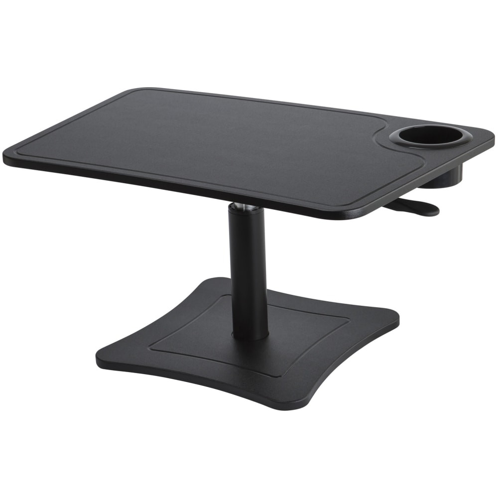 Send e-mail, prepare presentations and surf the Internet comfortably with this laptop stand. Equipped with a steel piston, the work surface can be raised or lowered between 11 1/2in and 15 1/4in above the desk to find a comfortable position.  Wood construction provides stability for your laptop, papers and pens.  Scratch-resistant PVC work surface coating stands up to everyday use.  Heavy-duty steel piston enables easy height adjustments from 11 1/2in to 15 1/2in above the desk.  3 1/4in storage cup houses pens, pencils, beverages and more.  Surface measures 23 3/4inW x 15 1/4inD.  Weighs only 10.3 lb, so the stand can easily be moved around the office or home.  Assembly required.