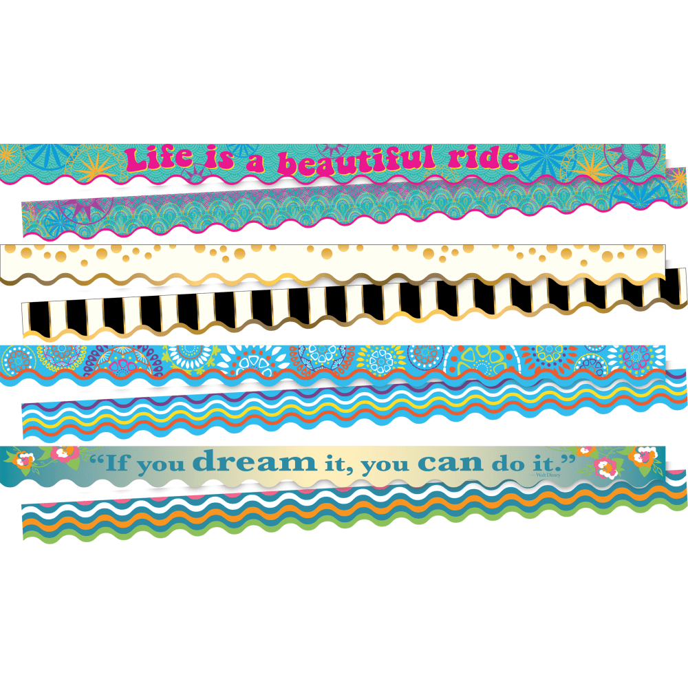 BARKER CREEK PUBLISHING, INC. BC912 Barker Creek Double-Sided Scalloped-Edge Border Strips, 2 1/4in x 36in, Trending Designs, 13 Strips Per Pack, Set Of 4 Packs