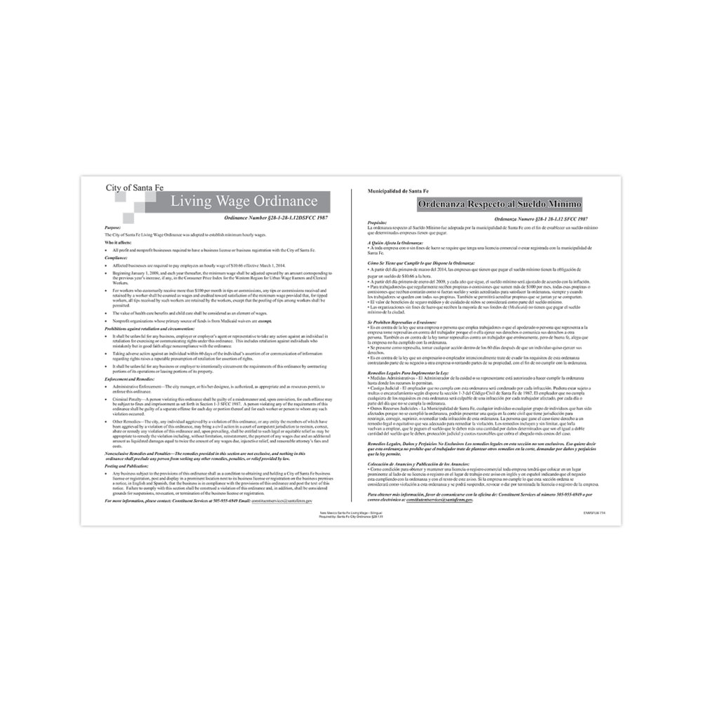 TAX FORMS PRINTING, INC. ENMSFLW ComplyRight City & County Specialty Posters, Living Wage Ordinance, Bilingual, Santa Fe, 11in x 17in