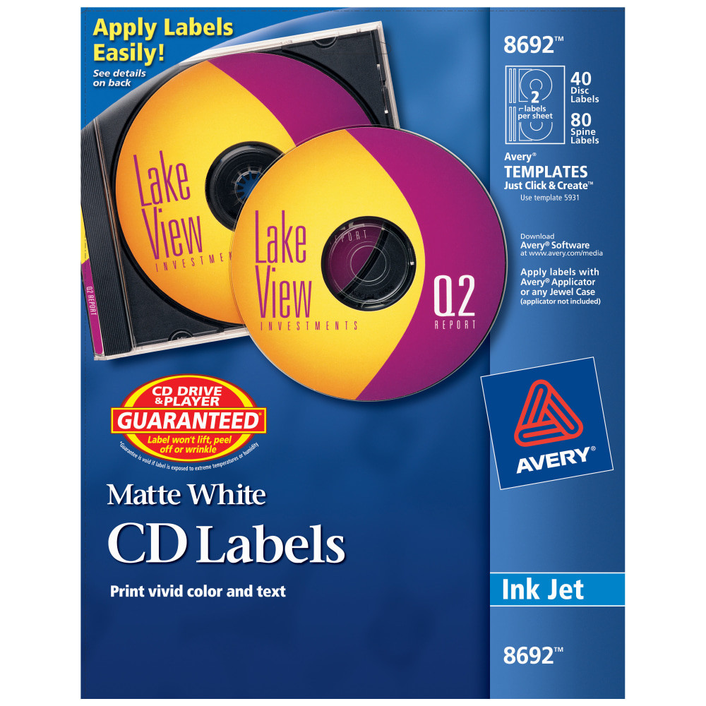 AVERY PRODUCTS CORPORATION Avery 8692  CD/DVD Print-to-the-Edge Labels, 8692, Round, 4.65in Diameter, White, 40 Disc Labels And 80 Spine Labels