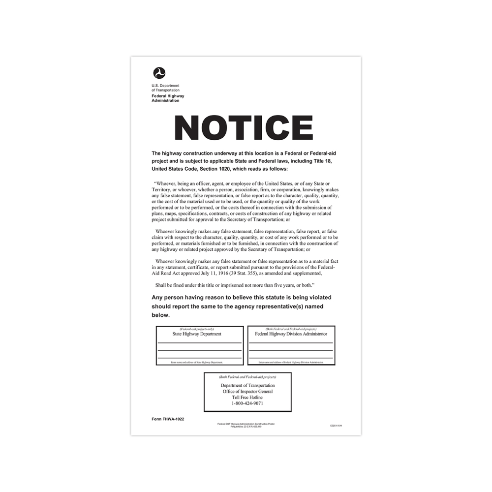 TAX FORMS PRINTING, INC. E3251 ComplyRight Federal Contractor Posters, D.O.T. Federal Highway Construction, English, 8 1/2in x 14in