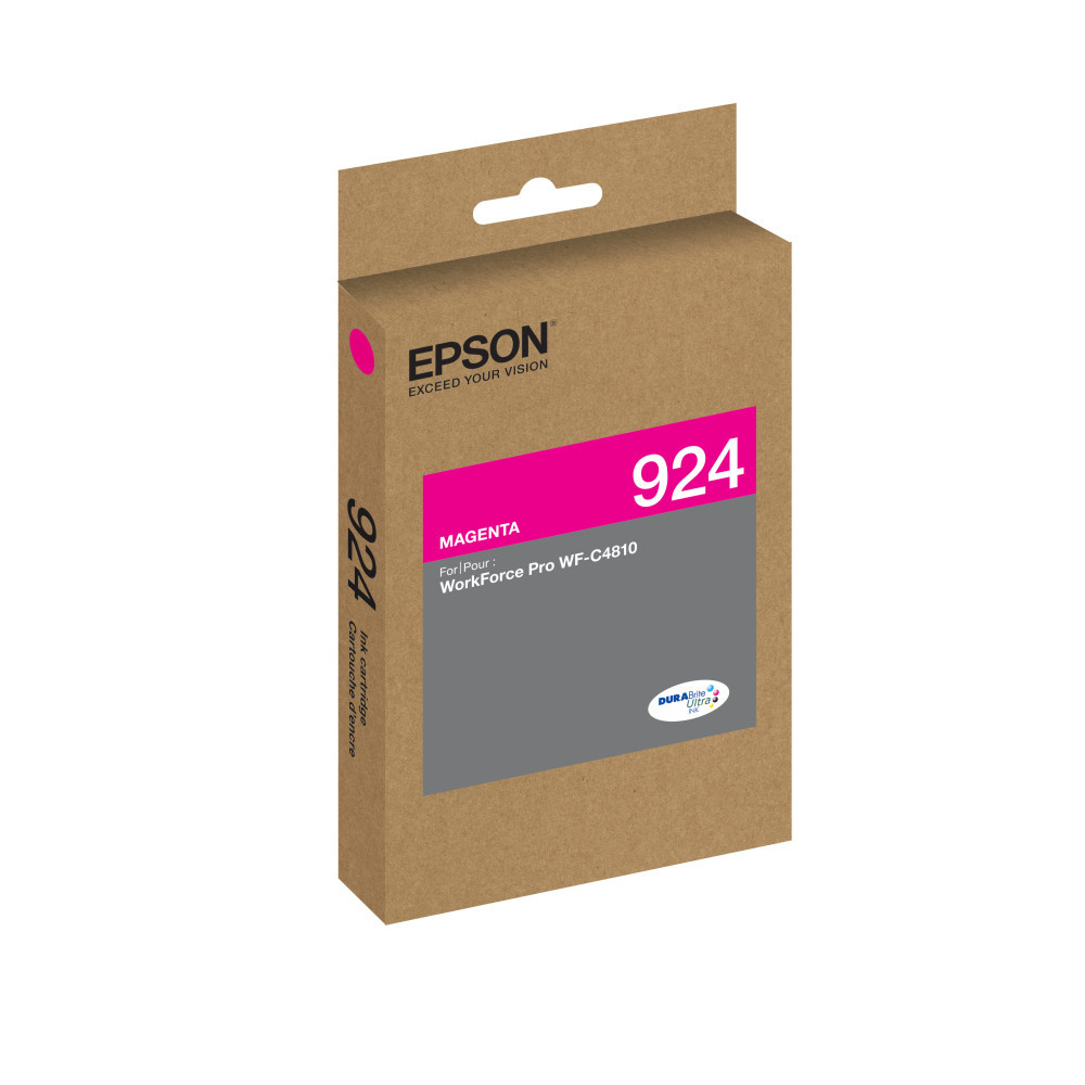 Compatible Epson models: WorkForce:  Pro WF-C4310,  Pro WF-C4810.  .  Manage your upcoming print jobs with help from the Epson T924 DURABrite Ultra Genuine Ink Cartridge. This ink cartridge is filled with fast-drying pigment ink to help you move through your workload quickly while providing high-quality results.  Helps provide print-shop-quality results for text and images.  Fast-drying pigment ink is great for high-speed jobs.  Magenta ink offers bright, vibrant color.  Recycling solution - designed to encourage recycling, helping you divert materials from landfill.