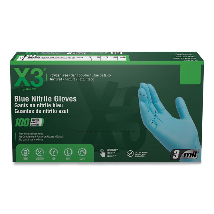 AMMEX CORPORATION X3® by X342100 Industrial Nitrile Gloves, Powder-Free, Small, 3 mil Thick, 9.5" Long, Blue, 100/Box, 10 Boxes/Carton