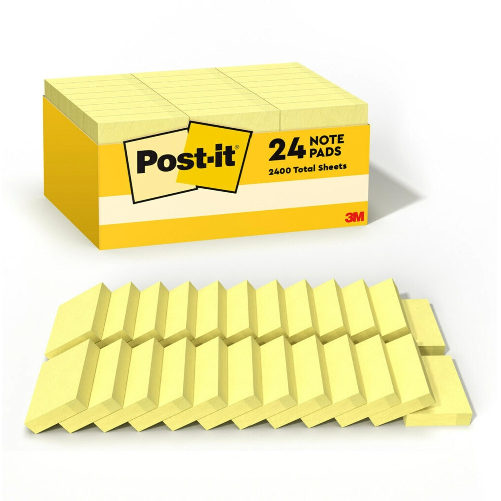 Post-it Notes in 1 3/8 in. x 1 7/8 in. stick securely and remove cleanly, featuring a unique adhesive designed for use on paper. Americas #1 favorite sticky note, they are great to call out important information or leave notes in calendars or planners. The small size is great to jot down a quick phone number or short note. Canary yellow color helps your notes stand out. Post-it Notes are recyclable, and the paper in Post-it Notes is sourced from certified, renewable and responsibly managed forests. 100 Sheets/Pad. 24 Pads/Pack.  1 3/8 in. x 1 7/8 in., Canary Yellow  Post-it Notes stick securely and remove cleanly  Unique adhesive designed for use on paper or in planners  America"s #1 favorite sticky note  Leave reminders or call out important information  24 Pads/Pack, 100 Sheets/Pad  Post-it Notes are recyclable  The paper in Post-it Notes is sourced from certified, renewable and responsibly managed forests  Made in USA with globally sourced materials