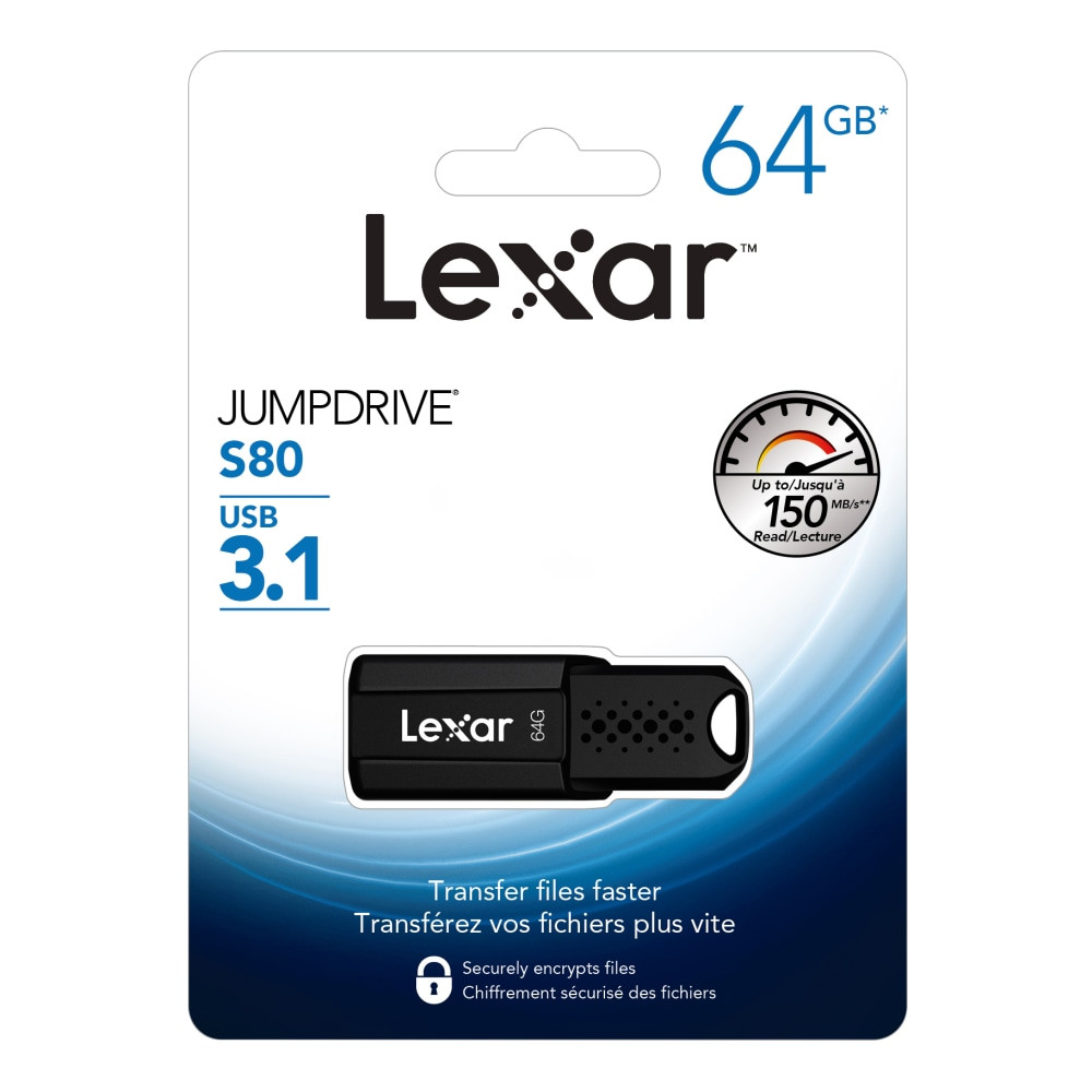 Take your important documents, favorite tunes and movies with you with this Lexar JumpDrive S80 Flash Drive. The generous capacity provides plenty of space for your files, while the USB 3.1 interface enables swift transfer speeds.  Slim, retractable design helps protect the connector when its not in use.  Offers speeds of up to 120MB/s read and 60MB/s write for swift access to your saved data.  Advanced security software helps protect your information.  USB 3.1 connectivity for fast transfers. Backward compatible with USB 3.0 and USB 2.0.  Backed by the manufacturers 2-year limited warranty.  64GB capacity for portable storage of video, music and other files.