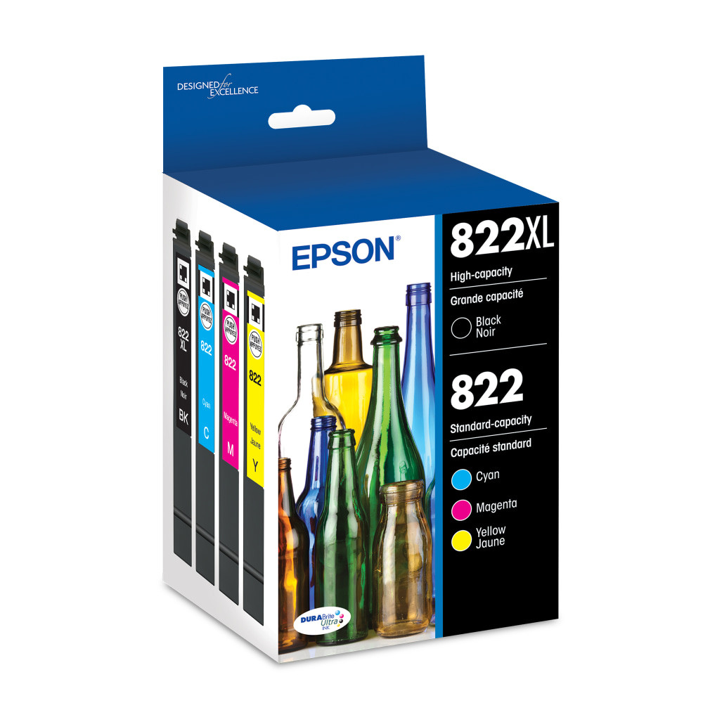Compatible Epson models: WorkForce:  Pro WF-3820,  Pro WF-3823,  Pro WF-4820,  Pro WF-4830,  Pro WF-4833,  Pro WF-4834.  .  Keep your office printer running smoothly with help from Epson 822XL/822 High-Yield Black/Yellow/Cyan/Magenta Ink Cartridges. The fast-drying design is ideal for high-speed, high-volume use.  Ideal for high-volume printing.  Produces sharp text and brilliant colors.  Fast-drying pigment ink is ideal for speedy print jobs.  Includes black, cyan, yellow and magenta cartridges.  Helps Avoid Waste - Designed for extended use, helping reduce or eliminate material use and potentially save money.  Recycling solution - designed to encourage recycling, helping you divert materials from landfill.