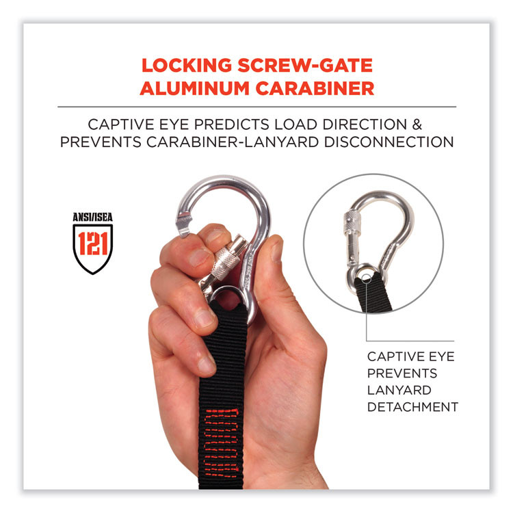 TENACIOUS HOLDINGS, INC. ergodyne® 19010 Squids 3105 Tool Lanyard with Aluminum Carabiner + Cinch-Loop, 15 lb Max Working Capacity, 32" to 48" Long, Black, 10/Pack