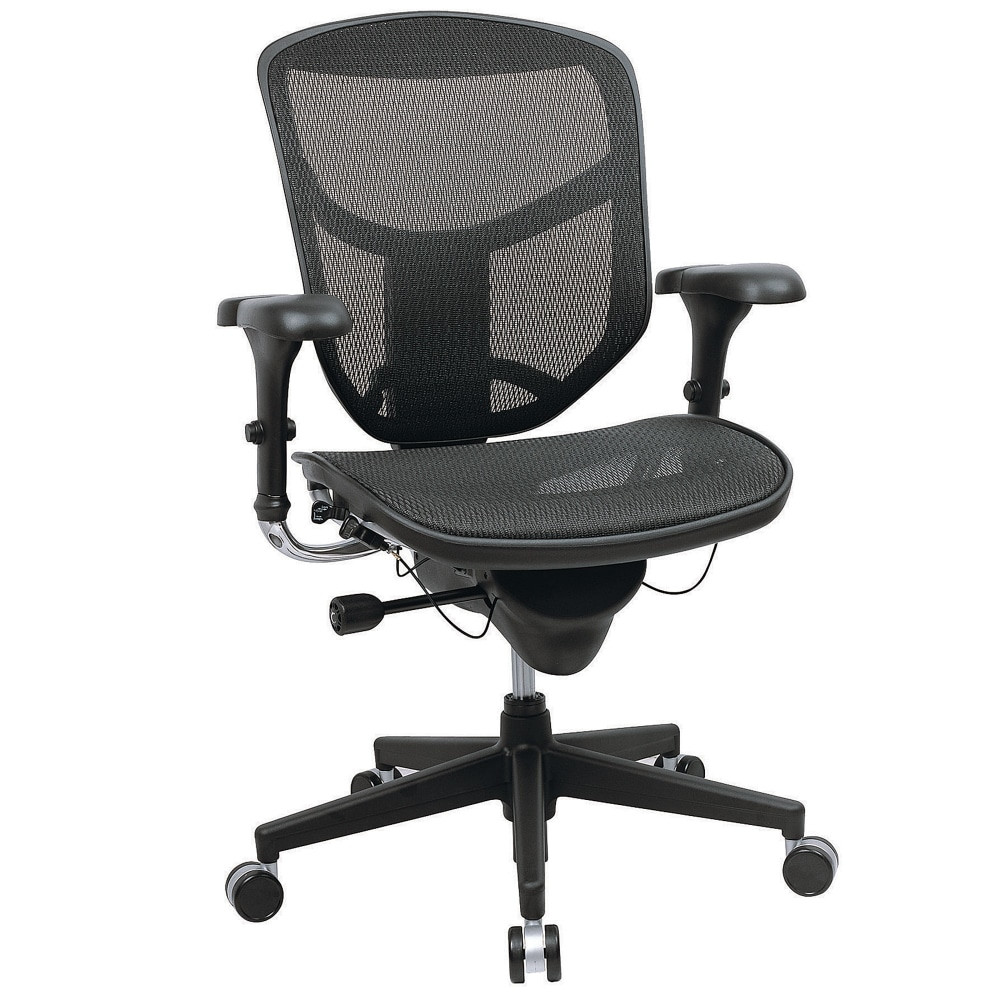 Find your ideal seating position easily with the WorkPro Quantum 9000 Series Mid-Back Desk Chair. The seat back of this mesh desk chair raises or lowers with a ratchet, the seat can be adjusted in height and depth and the armrests are fully adjustable, so you can truly customize your seat to fit you. With mesh fabric, this comfy office chair promotes airflow to help you stay cool and comfortable while tackling your to-do list. Plus, the lumbar feature supports your lower back, while the waterfall seat cushion helps reduce the stress on your legs to keep you comfortable from your first cup of coffee until you head home at the end of the day.  Ergonomic mesh back and mesh fabric seat construction.  Recommended for professional use 8-10 hours per day.  Weight capacity tested to support 275 lb.  Overall Dimensions: 37-1/2in to 43-3/4inH x 29-1/2inW x 28inD.  Mesh back features an adjustable-height, convex-shaped design.  Lumbar supports your lower back.  Adjustable seat height and depth.  Gliding, waterfall seat cushion.  Adjustable back tilt pressure tension control.  Synchro-Tilt with 3-position tilt lock.  Height-, pivot angle- and forward-backward slide-adjustable gel armrests.  5-star base with dual caster wheels.  Assembly required.  GREENGUARD certified - certified for low chemical emissions: UL.COM/GG - UL 2818. Ranked in two tiers: Certified and Gold.  ANSI/BIFMA Compliant - This product has been tested and verified for compliance with rigorous performance requirements and safety standards related to specific furniture products.  Less harsh chemicals - made with fewer harsh chemicals, or safer chemicals than typical alternatives, helping  reduce your use of and exposure to substances that may be more harmful to your health and the environment.  Contains Recycled Content - See Specs for Details.