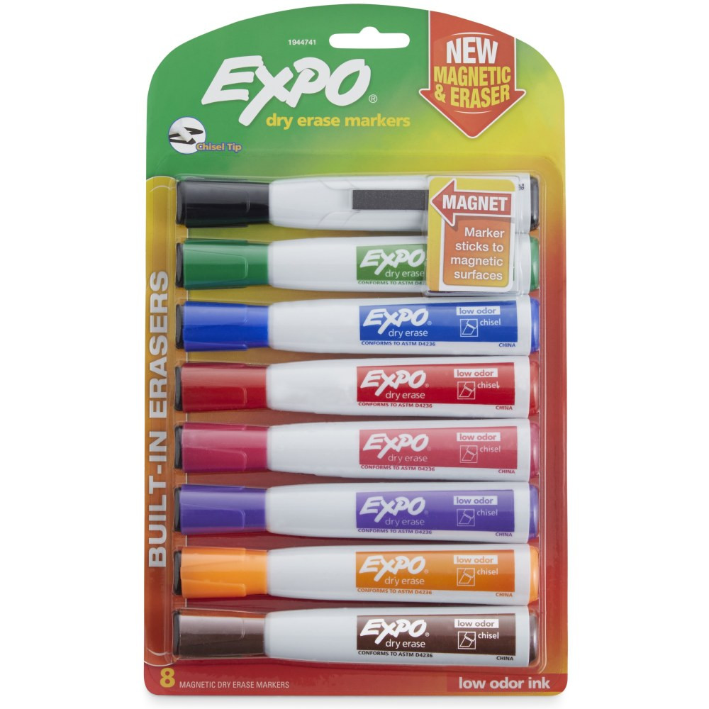 NEWELL BRANDS INC. Expo 1944741  Magnetic Dry Erase Markers With Eraser, Chisel Tip, Assorted Ink Colors, Pack Of 8