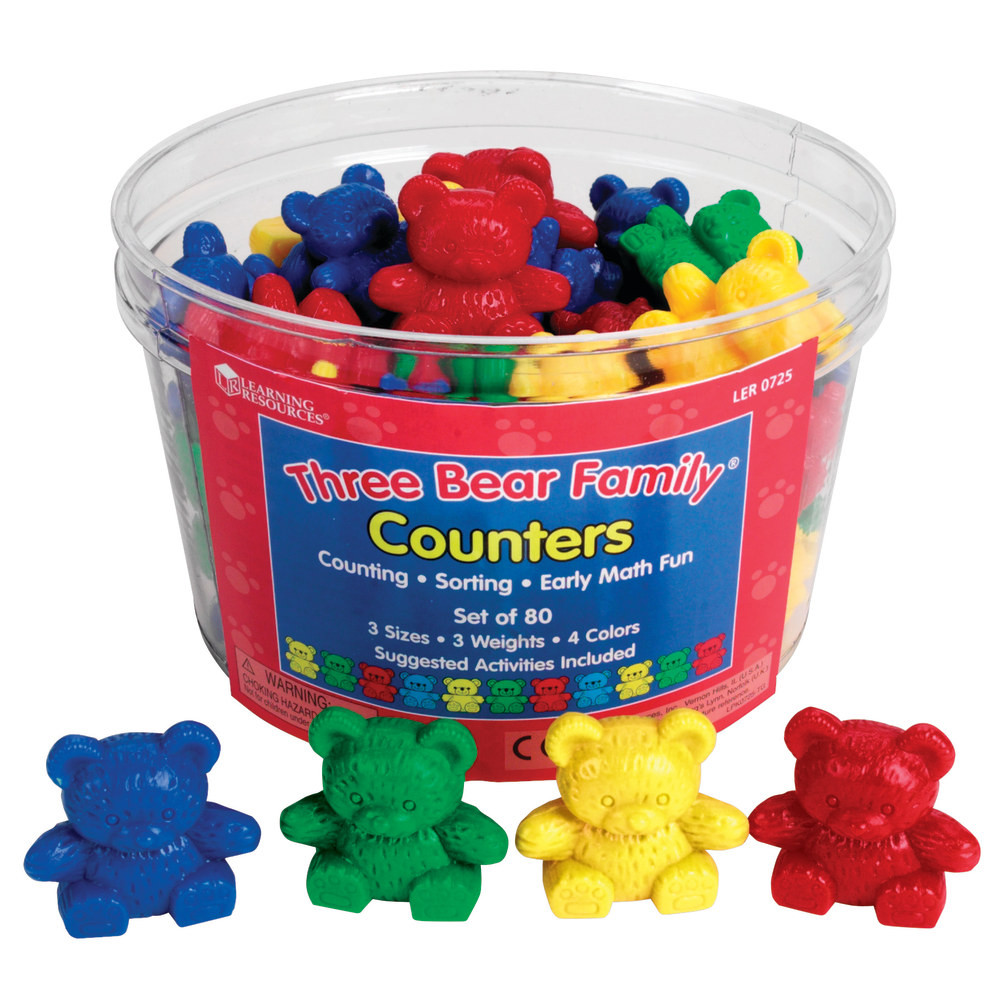This adorable set of plastic bears comes in 3 sizes, 3 weights and 4 colors.  Your little students will enjoy playing with these bears, learning size recognition, counting and sorting.  Bears are also proportionally weighted and can be used on a balance for measurement discoveries.  This 80-piece Basic Set contains 20 Papa, 20 Mama and 40 Baby Bear counters in 4 colors.  Packaged in a reusable storage container.