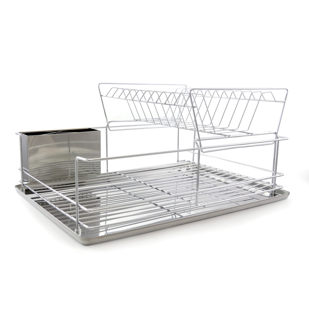 Let dishes dry without soaking your countertops with the Better Chef 4-Piece Dish Drying Rack Set. This stainless-steel rack offers non-slip feet for security and comes with 3 removable compartments to house small items.  Stainless-steel tray is built for strength.  Offers a large capacity with tall wires to secure dishes, plates, cups and glasses.  Designed to sit over the sink and drain.  Non-slip feet keep it in place.  Comes with 3 removable compartments with slots for utensils.