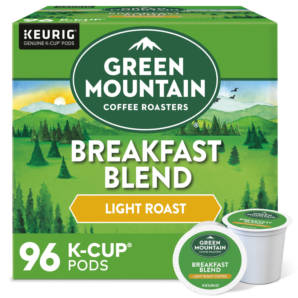 Start your mornings with these delicious breakfast blend coffee K-Cup Pods. Get the Green Mountain Coffee flavor you love in a convenient, premeasured pod.  Take with you on the go when working in the office or anywhere else.  Light roast offers a balance of bright and sweet flavors to treat your taste buds.  Green Mountain breakfast blend coffee is caffeinated to help you stay energized during a busy morning.  Orthodox Union Kosher is great for those with special dietary needs.  Fair Trade Certified to meet environmental, labor and developmental standards.  Each K-Cup Pod has a built-in coffee filter - no measuring and no mess.