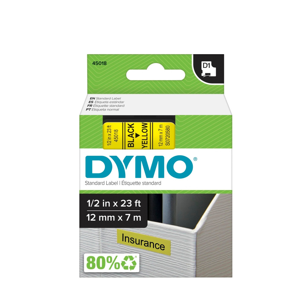 NEWELL BRANDS INC. Dymo 45018  D1 45018 Black-On-Yellow Tape, 0.5in x 23ft