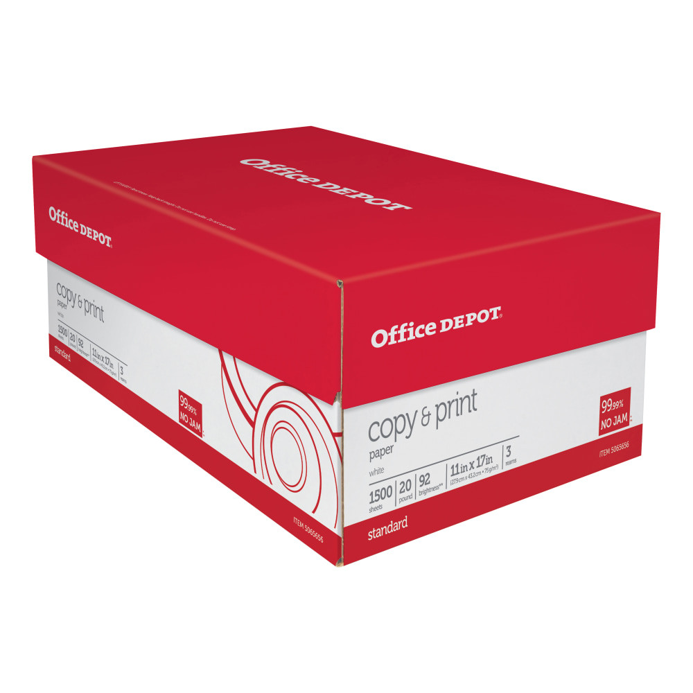 OFFICE DEPOT 3884  Multi-Use Printer & Copy Paper, White, Ledger (11in x 17in), 1500 Sheets Per Case, 20 Lb, 92 Brightness, Case Of 3 Reams