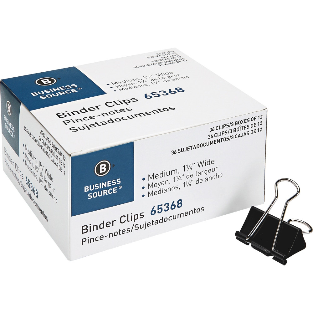 SP RICHARDS 65368 Business Source Binder Clips - Medium - 1.3in Width - for Paper - 36 / Pack - Black