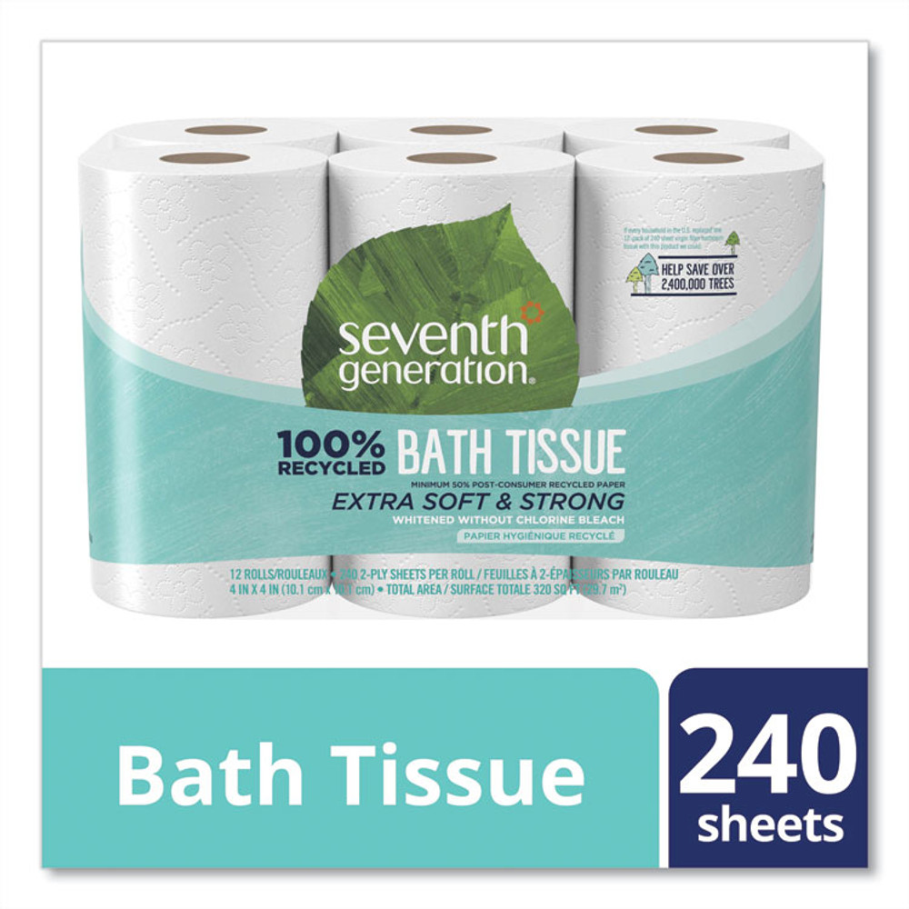 SEVENTH GENERATION 13733CT 100% Recycled Bathroom Tissue, Septic Safe, 2-Ply, White, 240 Sheets/Roll, 12 Rolls/Pack, 4 Packs/Carton