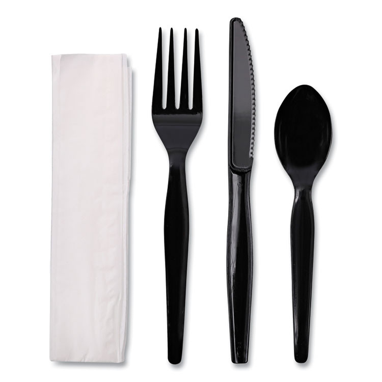 BOARDWALK FKTNHWPSBLA Four-Piece Cutlery Kit, Heavyweight, Fork/Knife/Napkin/Spoon, Plastic, Black, 250/Carton