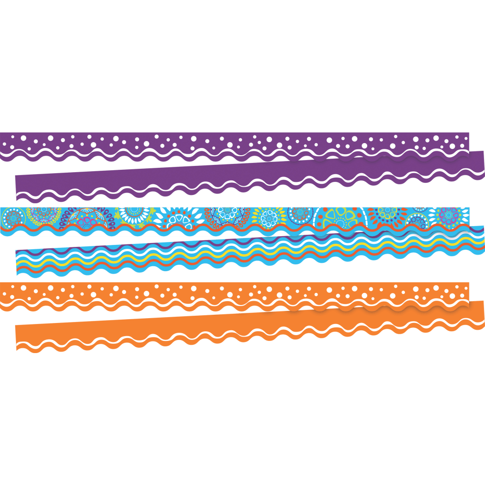 Add a themed look to your classroom using these Barker Creek Double-Sided Scalloped Borders. The vibrant design makes most any display stand out at a glance.  Used to decorate your space and accent displays.  Thick cardstock lends a sturdy feel.  Double-sided design makes it easy to refresh your look.  Wavy edge adds an eye-catching touch.  Each pack includes 13 strips (2-1/4in x 36in) for a total of 39ft of borders.
