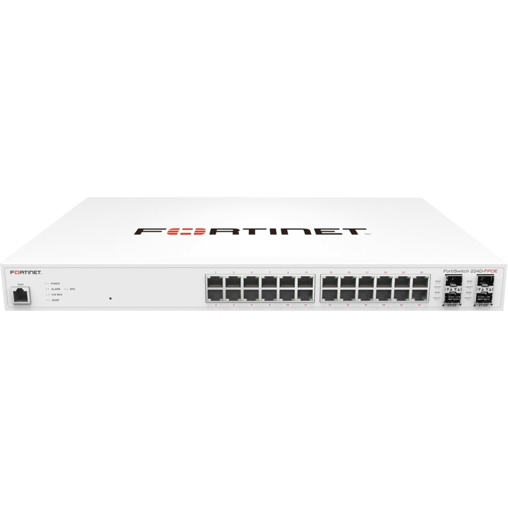 GEORGIA PEACH PRODUCTS, INC. Fortinet FS-224D-FPOE  FortiSwitch 224D-FPOE Ethernet Switch - 24 Ports - Manageable - Gigabit Ethernet - 1000Base-X, 1000Base-T - 3 Layer Supported - 2 SFP Slots - Twisted Pair, Optical Fiber - 1U High - Rack-mountable -