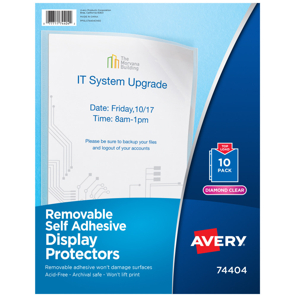 Make sure your posted signs, schedules and other important messages stay neat and professional looking with Self-Adhesive Display Protectors. Ideal for frequently changed projects like schedules, work orders and more. Theres no need to search for tape with these self-adhesive pocket sheet protectors. Two strips of removable adhesive keeps your documents secure, yet can be easily and cleanly removed without damage to surfaces. Protect your papers and show them off impressively with its diamond clear material that offers a crisp view of your documents.  Keep your posted signs, schedules, work orders and other important messages looking neat and professional.  View the contents of your sheets easily with diamond clear page protectors featuring a polished finish for clarity.  Effortlessly display and remove sheet protectors with removable adhesive that sticks firmly to smooth surfaces yet removes easily without mess or damage.  Ideal for long-term storage, papers and photos stay neat and clean with non-stick polypropylene material that is acid-free, archival-safe and wonT lift or transfer ink.  Hold up to 20 pages in each top-loading clear sheet protector.  Perfect for displaying and protecting signage around the office, important announcements in school, and frequently changed documents like schedules, work orders and more.  Item comes with a total of 10 display protectors.