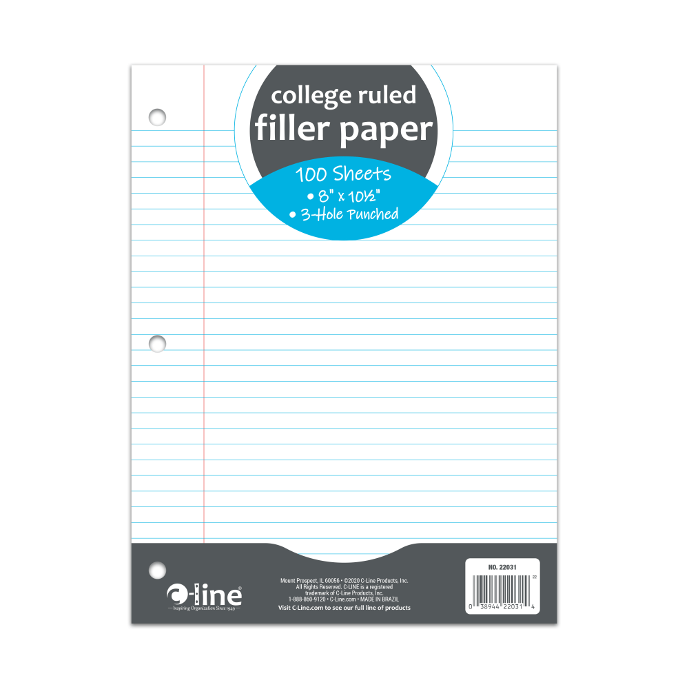 C-LINE PRODUCTS, INC. 22031-CT C-Line Filler Paper, 8in x 10-1/2in, College Rule, 100 Sheets Per Ream, White, Pack Of 36 Reams