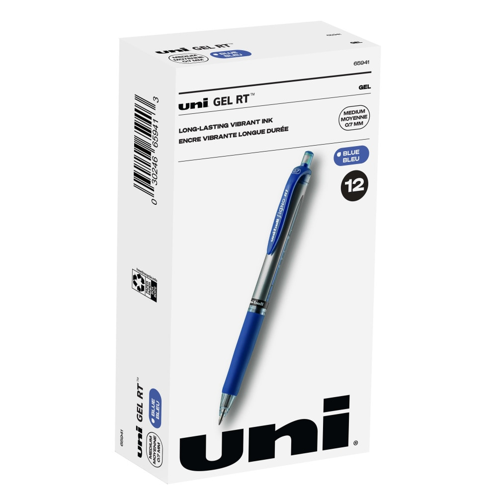 NEWELL BRANDS INC. Uni-Ball 65941  Signo Gel RT Retractable Pens, Medium Point, 0.7 mm, Silver Barrel, Blue Ink, Pack Of 12 Pens