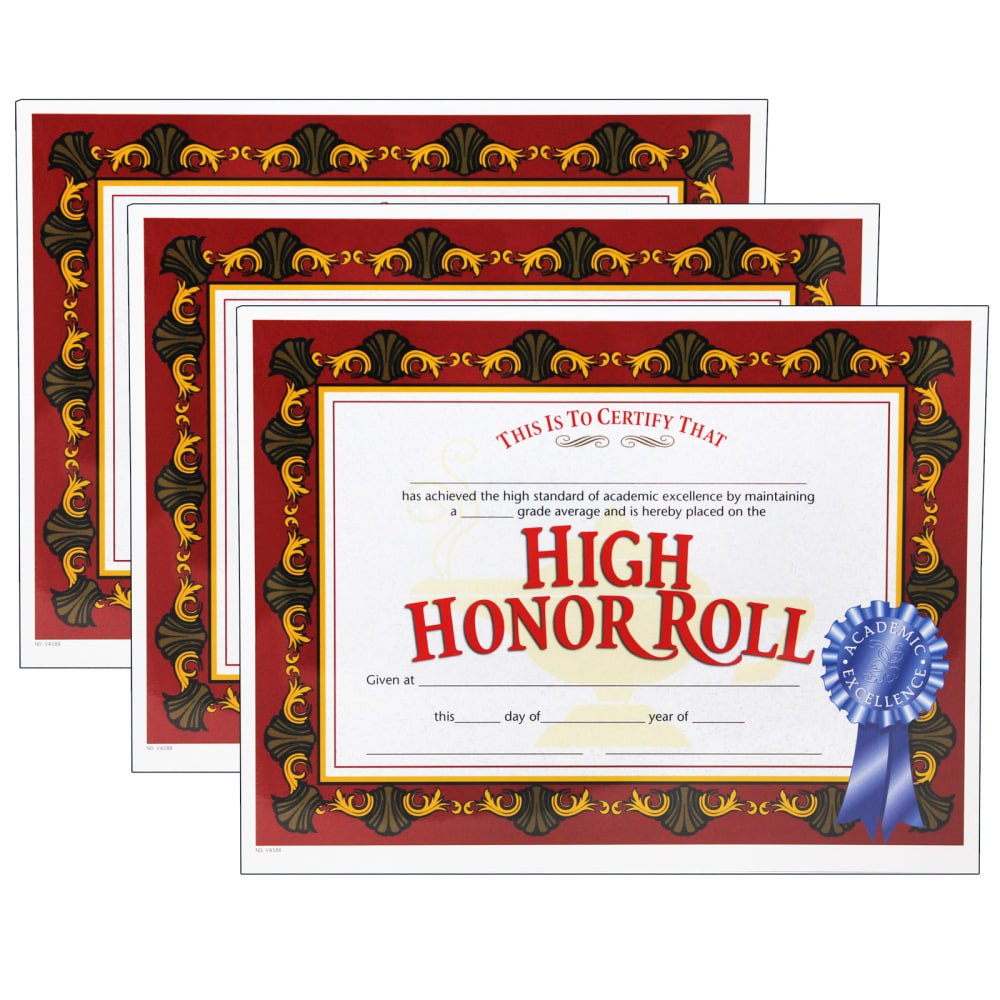 EDUCATORS RESOURCE H-VA586-3 Hayes Certificates, 8-1/2in x 11in, High Honor Roll, Red, 30 Certificates Per Pack, Set Of 3 Packs