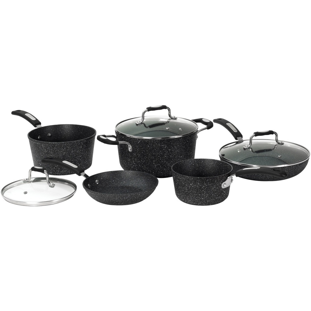 Make family favorites with the THE ROCK By Starfrit 8-Piece Aluminum Nonstick Cookware Set With Bakelite Handles. This set is made of aluminum for durability, and it has a nonstick surface for easy cleaning.  Made of durable aluminum.  Nonstick surface allows for easy food release and cleaning.  Bakelite handles provide ergonomic comfort.  Safe for ovens up to 350 deg.F.  Dishwasher safe.  Includes one 1.5 qt sauce pan, one 3 qt sauce pan with lid, one 5 qt sauce pan with lid, one 8in fry pan and one 10in fry pan with lid.