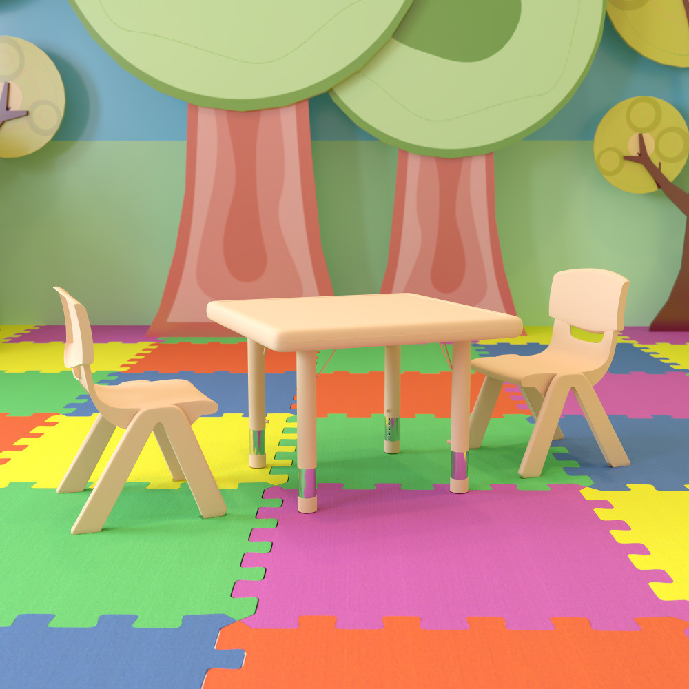 Children will love learning, playing and crafting at this Flash Furniture Square Activity Table Set. The plastic table is crafted with a textured top and safety rounded corners, making it ideal for your preschool, daycare, church or home learning environment. Children can find a comfortable seat in the plastic chairs, which feature a contoured shell. As your little learners grow, you can adjust the table height.  Plastic construction.  1-1/2in-thick textured top with safety rounded corners.  Height-adjustable steel legs adjust in 1in increments.  Table adjusts in height from 14-1/2in to 23-3/4in.  Chairs are crafted with a contoured polypropylene shell.  10-1/2in seat height.  Weight capacity tested to support 220 lb (table) and 154 lb (chair).  Assembly required.