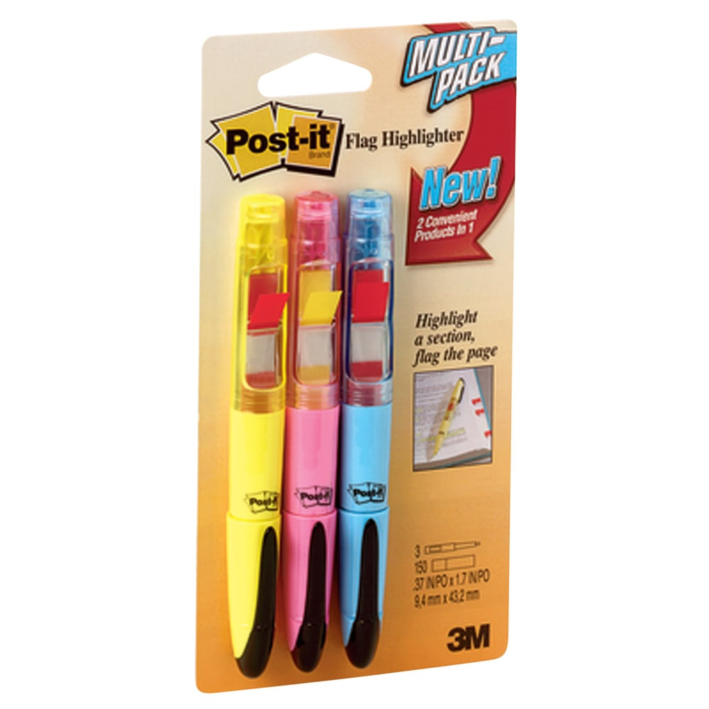 3M CO Post-it 689-HL3  Flag Plus Highlighters, Assorted Colors, Pack Of 3