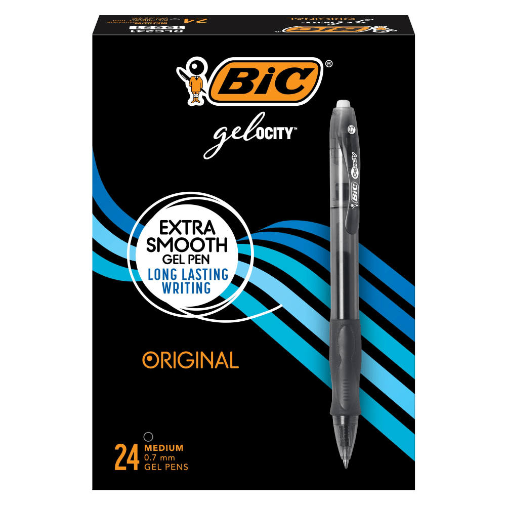 BIC CORP BIC RLC241BK  Gel-ocity Retractable Gel Pens, Medium Point, 0.7 mm, Translucent Barrel, Black Ink, Pack Of 24