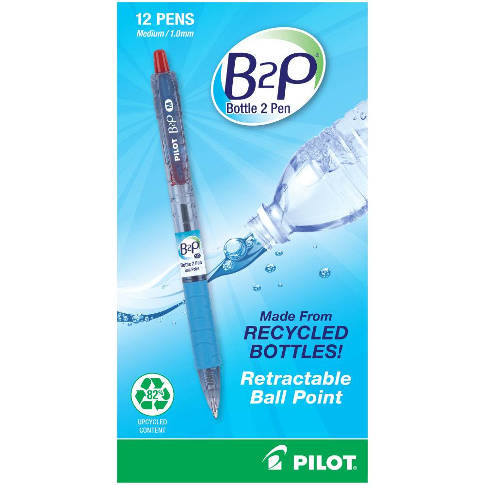 PILOT CORPORATION OF AMERICA Pilot 34802  B2P "Bottle To Pen" Retractable Ballpoint Pens, Medium Point, 1.0 mm, 82% Recycled, Translucent Blue Barrels, Red Ink, Pack Of 12