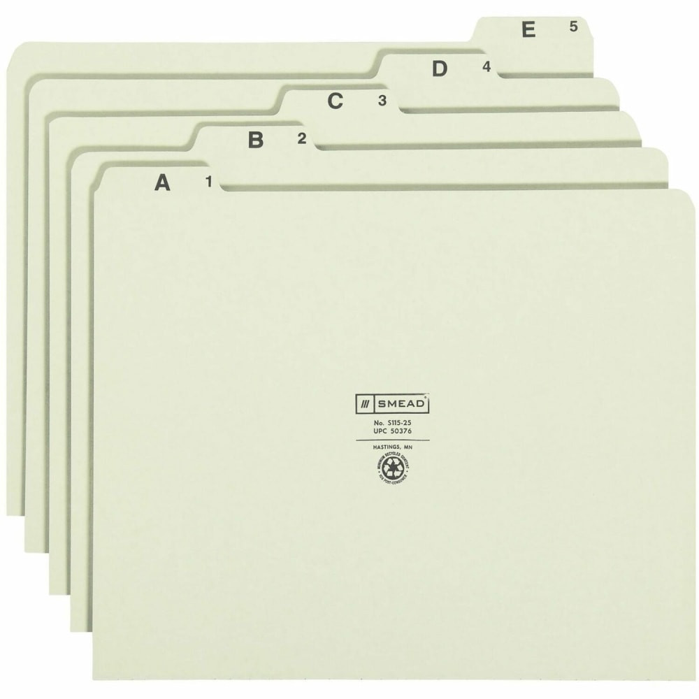 SMEAD MFG CO 50376 Smead A-Z Pressboard File Guides, 1/5 Cut, Letter Size, 100% Recycled, Green, Set Of 25